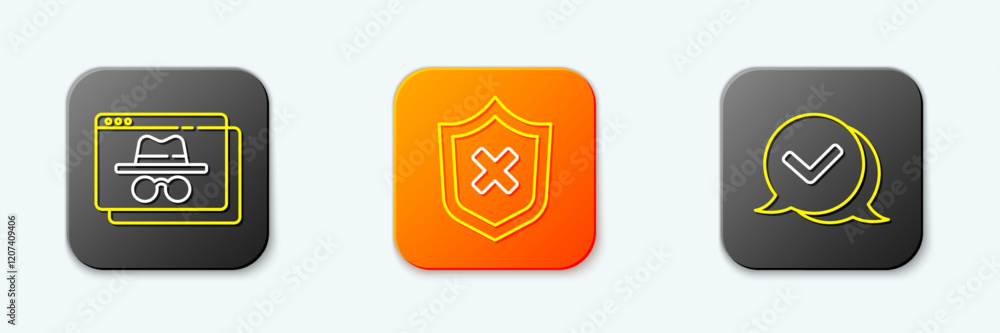 Poster set line browser incognito window, shield with cross mark and check speech bubble icon. vector