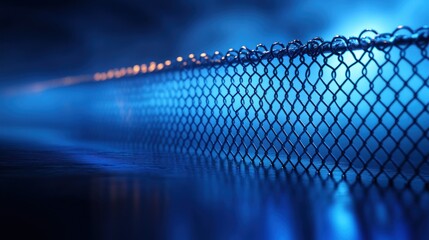 Metal chain link fence at night, illuminated by blue light, reflecting on wet ground.