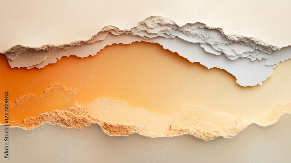 Poster abstract layered composition with warm tones of orange and cream, showcasing textures and natural el