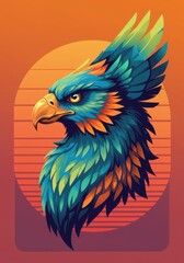 Obraz premium Vibrant eagle artwork with colorful feathers against a modern sunset background