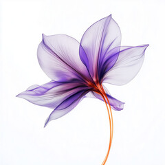 Fototapeta premium A delicate, minimalistic purple flower with subtle orange details on a white background. Elegant botanical artwork with fine lines and soft color transitions.