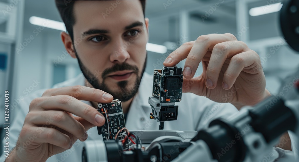 Poster focused engineer adjusting circuit boards in modern laboratory setting