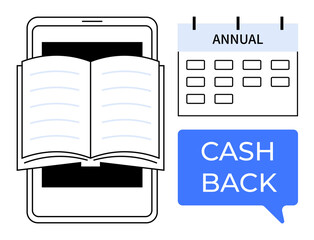 Open book on a tablet, annual calendar, cashback chat bubble. Ideal for online education, finance management, e-commerce, budget planning, scheduling rewards digital tools. Abstract line flat