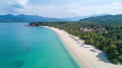 Fototapeta premium Serene Tropical Beach with Crystal Clear Water and Lush Palm Trees Under a Clear Blue Sky, Perfect for Relaxation and Leisure Activities in a Scenic Destination