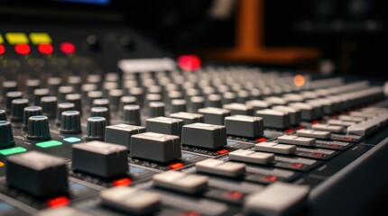 Obraz premium mixing console's surface The image focuses on the detail of the knobs, faders, and buttons, highlighting their metallic texture and subtle lighting background
