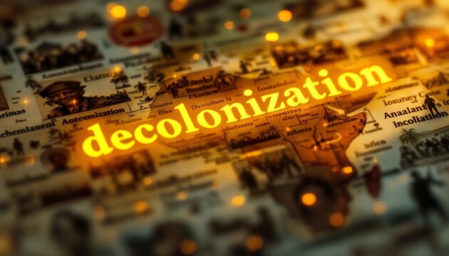 Decolonization concept image with a vintage map and historical events depicted, focus on decolonization