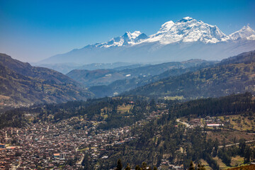 Huaraz in Peru, an aerial view from hilltop, Huascaran National Park, Andes, glacier, snowcapped mountains