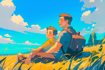 Obraz premium Father and son enjoying a sunny day on a grassy hill, with a bright blue sky and fluffy clouds