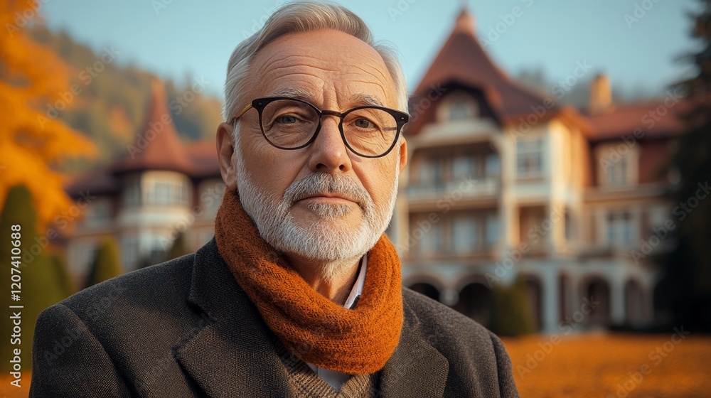 Aufkleber Man with glasses and a scarf is standing in front of a large house. The house is surrounded by trees and has a lot of windows. The man is looking at the camera