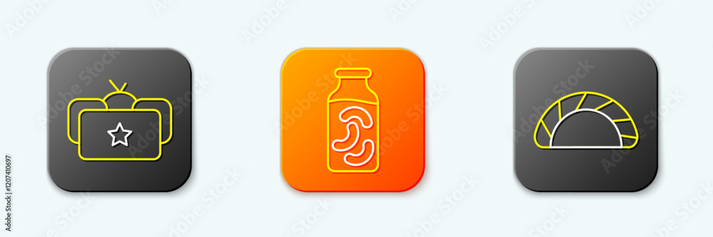 Poster set line ushanka, pickled cucumbers in jar and dumpling icon. vector