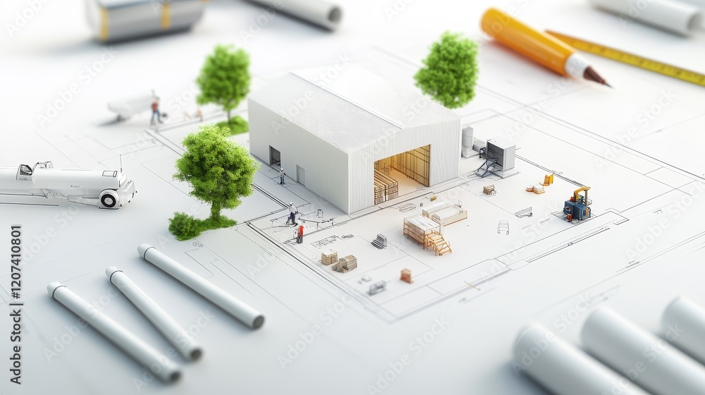Aufkleber aerial view of architectural blueprint with miniature building model, construction tools and workers