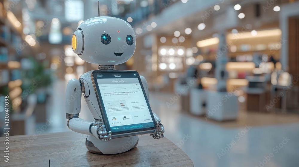 Poster ai chatbot assisting users in a modern retail environment with an interactive display