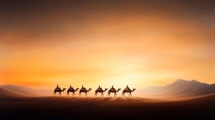 Fototapeta premium Majestic Caravan of Camels Journeying Through a Serene Desert Landscape Under a Vibrant Sunset, Symbolizing Adventure and Exploration