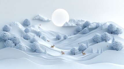 Minimalist winter landscape with deer and snowy hills.