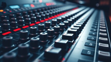 mixing console's surface The image focuses on the detail of the knobs, faders, and buttons, highlighting their metallic texture and subtle lighting background