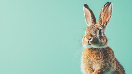 Cute Bunny with Big Ears Against Soft Turquoise Background