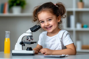 Young girl is sitting at a table with a microscope and a glass of orange juice. She is smiling and she is enjoying herself