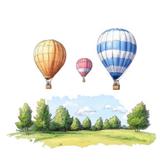 Fototapeta premium Hot air balloons soaring over a serene landscape with lush greenery and blue skies., isolated on a transparent background.