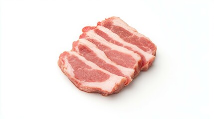 Fototapeta premium A raw pork chop with visible marbling, cut into slices for cooking or preparation.