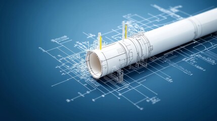 Detailed Blueprint Design of a White Pipe on a Blue Background, Featuring Technical Drawings, Dimensions, and Precision Measurements for Engineering and Construction Applications