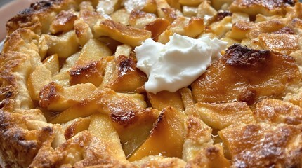 Delicious homemade apple pie with a lattice crust and a dollop of whipped cream. Perfect for autumn, Thanksgiving, or any dessert occasion