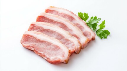 Obraz premium Slices of raw meat arranged with a sprig of parsley on a white background.
