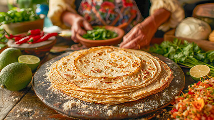 Woman preparing traditional mexican corn tortillas in a rustic kitchen