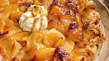 Delicious homemade apple pie with a lattice crust and a dollop of whipped cream. Perfect for autumn, Thanksgiving, or any dessert occasion