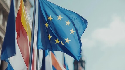 European Union flag prominently displayed among other national flags.