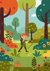 Cartoon archer in vibrant forest setting with lush trees and colorful flowers