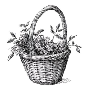 wicker basket with flowers, black and white clip art preview