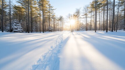 Serene Winter Landscape with Snow-Covered Pathway and Warm Sunlight Peeking Through Frosty Trees, Capturing the Beauty of Nature in a Tranquil Setting