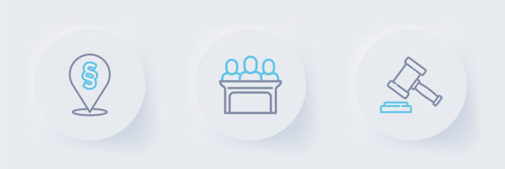 Set line Judge gavel, Jurors and Location law icon. Vector