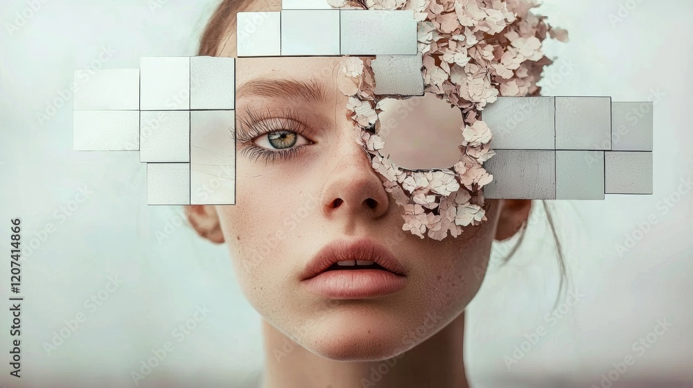 Poster woman's face is covered in a mosaic of white squares. the image is abstract and surreal, with the wo