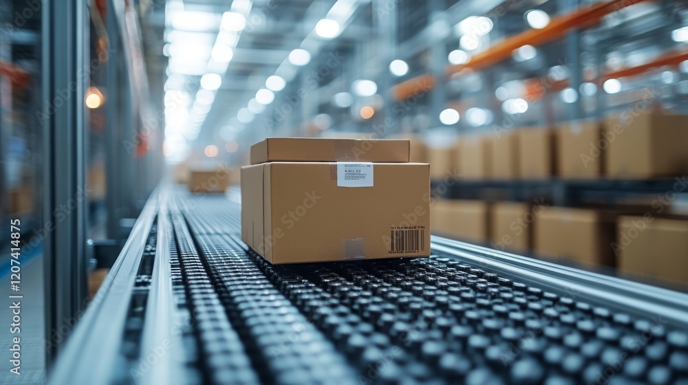 Poster automated conveyor system streamlining inventory management in a modern warehouse setting