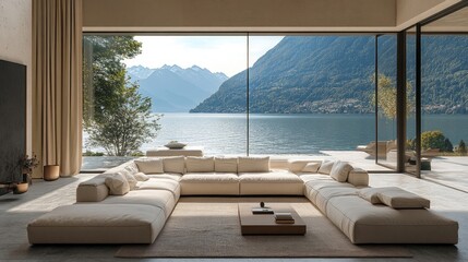 Fototapeta premium Beige sofa in spacious room with terrace and panoramic windows offering stunning lake or sea view