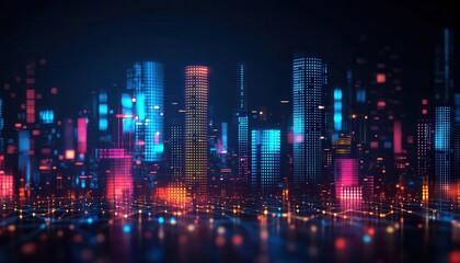 A vibrant city skyline illuminated with colorful neon lights at night. Skyscrapers rise against a dark backdrop, showcasing a dynamic blend of technology and urban life.