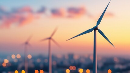 Wind turbines against a beautiful sunset, showcasing renewable energy technology and its integration into modern landscapes for a sustainable future.