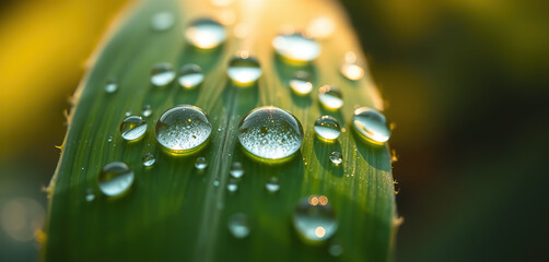 Large beautiful drops of transparent rain water on a green leaf macro. Drops of dew in the morning glow in the sun. Beautiful leaf texture in nature. 4k Natural background. hd image