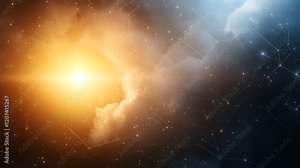 Poster stunning abstract cosmic background with bright starburst and nebula clouds in vibrant colors of ora