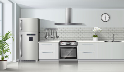 Fototapeta premium Vector modern light color realistic kitchen interior with gas stove and oven, cabinets, shelves, and fridge.