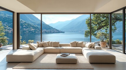 Fototapeta premium Beige sofa in spacious room with terrace and panoramic windows offering stunning lake or sea view