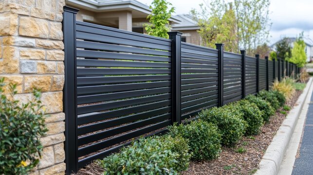 Modern black aluminum fence with stone pillars.