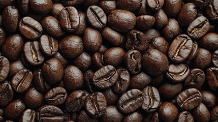 Fototapeta premium A close-up of dark roasted coffee beans, showcasing their texture and color.
