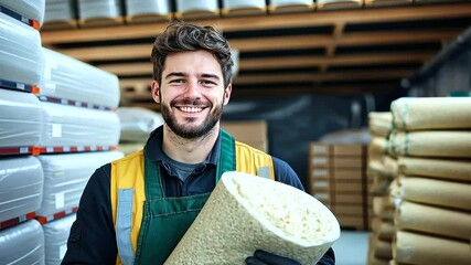 An attic insulation specialist holding a sheet of mineral wool, giving a confident smile to the camera, with stacks of insulation materials visible in the background.