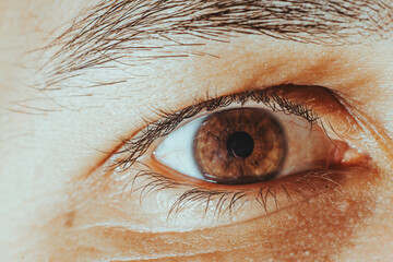 A close up of a person's eye with a brown iris
