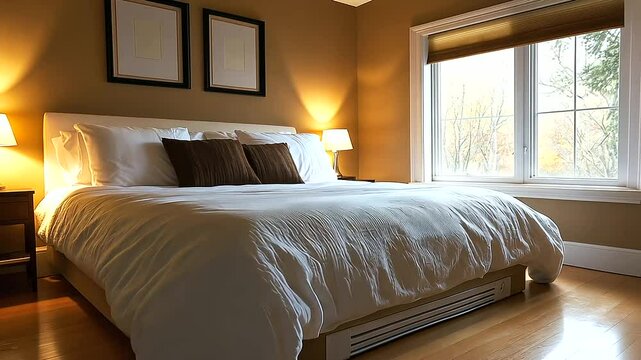 An elegant bedroom featuring a discreet heating system along the baseboard, with a cozy bed layered in soft linens and fluffy pillows.
