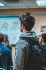 Fototapeta premium Young Man Attending Presentation Wearing Backpack