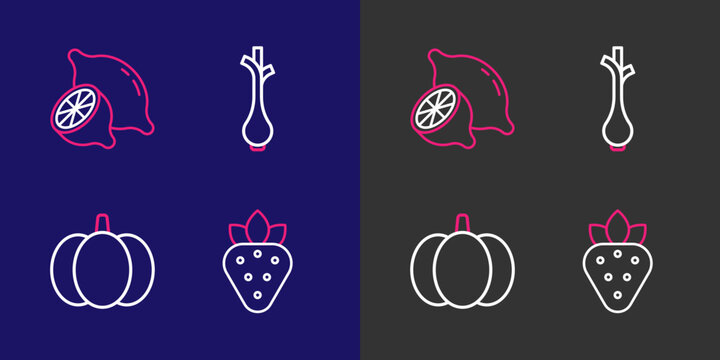 Set line Strawberry, Pumpkin, Fresh green onions and Lemon icon. Vector