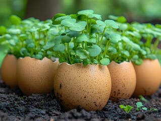 Microgreens Growing from Eggshell &ndash; Eco-Friendly Spring and Easter Concept